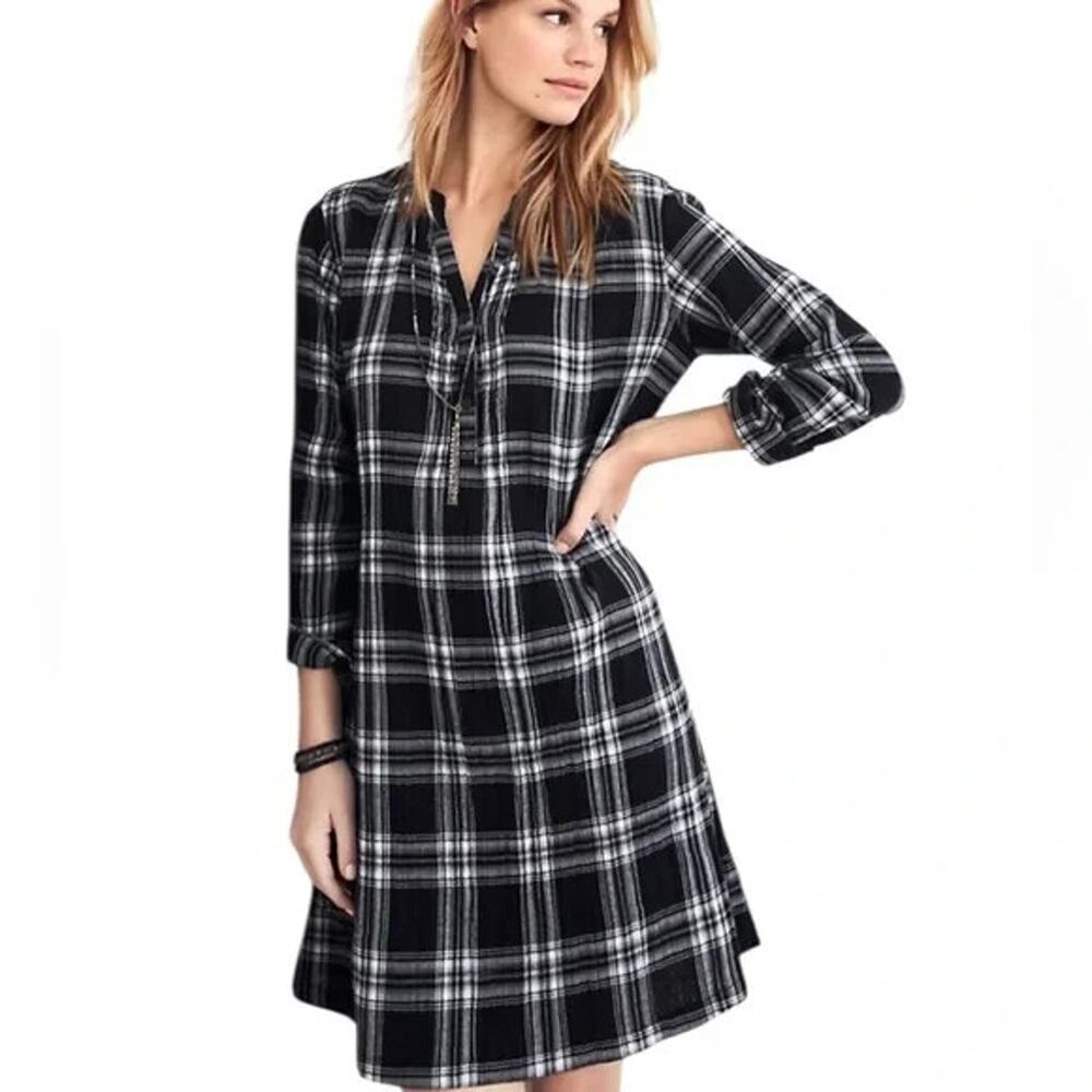 Garnet Hill Womens Black White Plaid Gauze Organic Cotton Shirt Dress XS